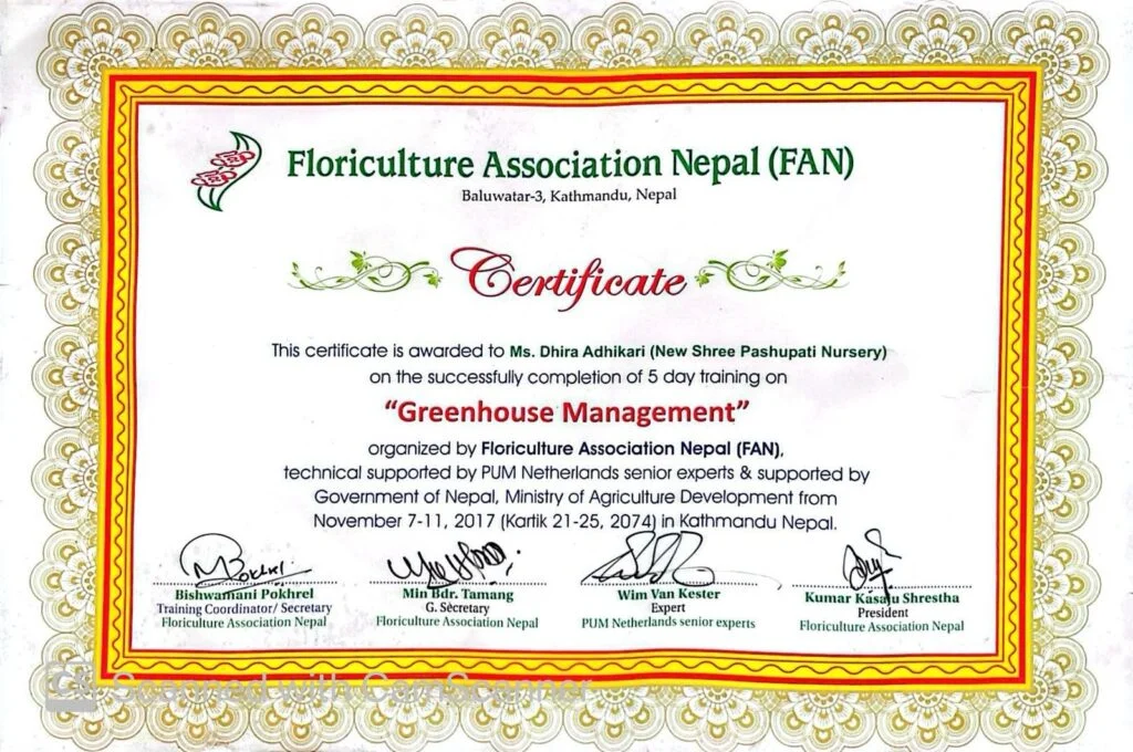 FAN certificate award for pashupati nursery